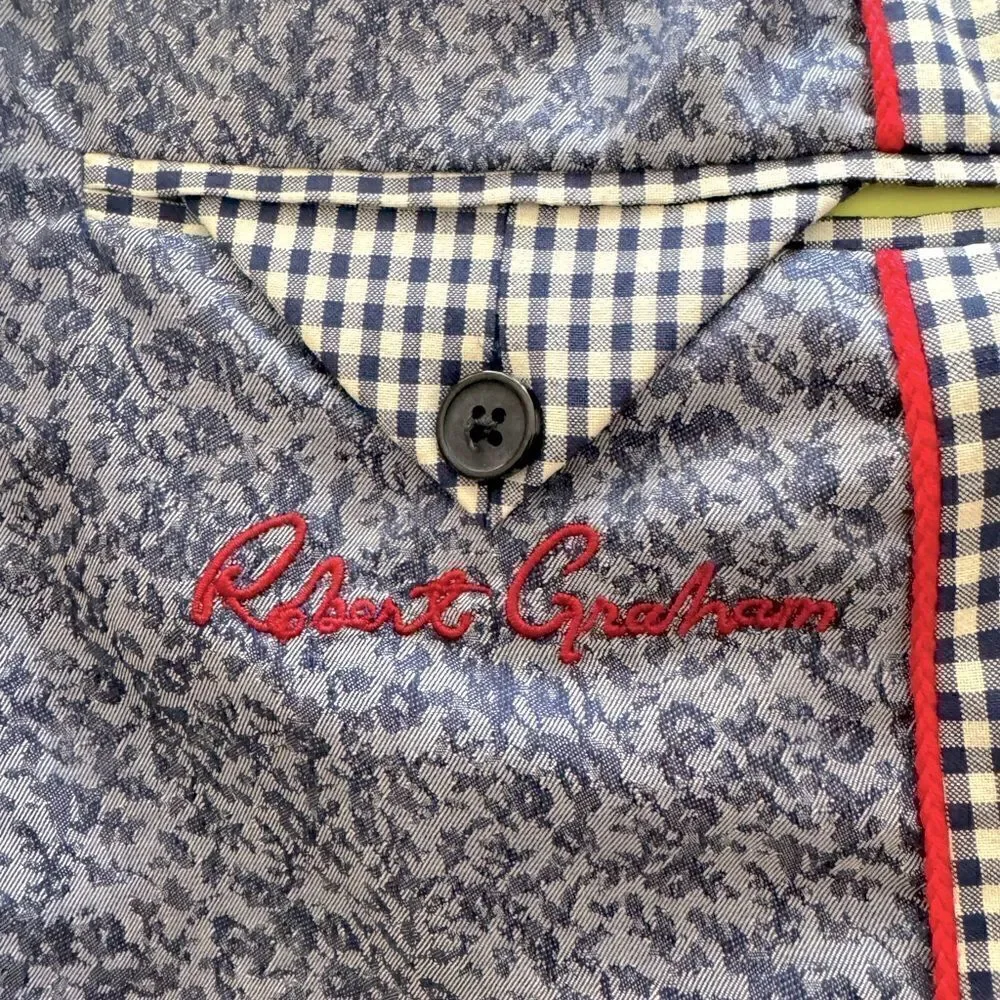 Robert Graham Casual 2 Button Navy/Cream Gingham Classic Fit Blazer Like New 36
